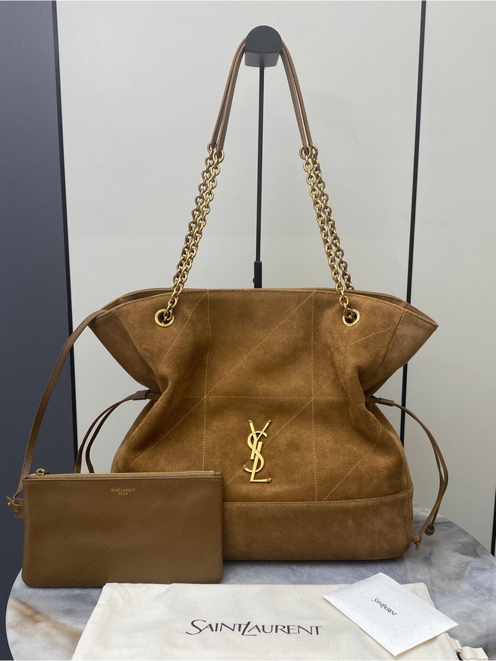 Saint Laurent Tan Suede Tote with Gold YSL Chain